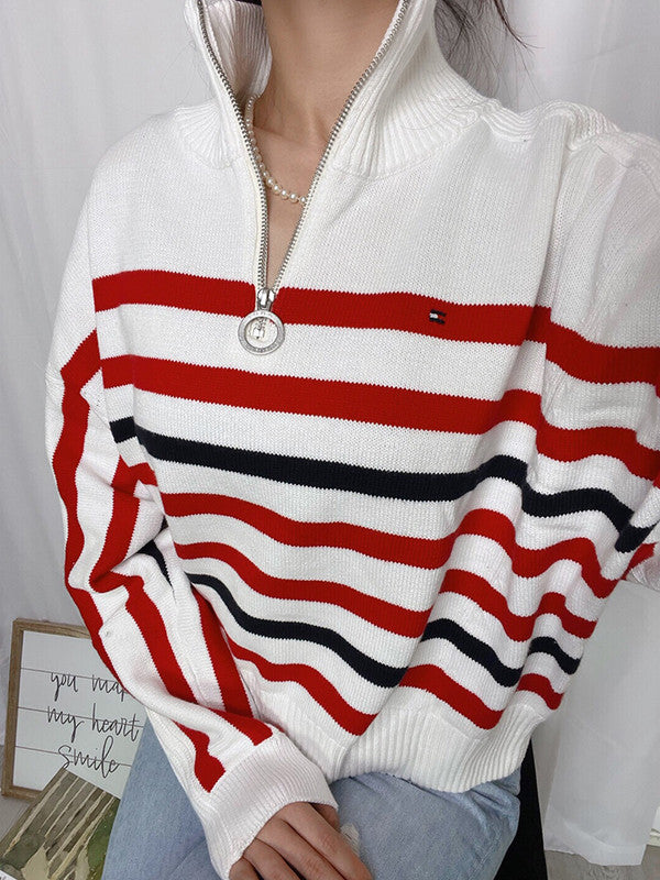 Tommy Hilfiger Women's Striped Half-Zip Cotton Sweater Stripe Multi 76J3831 111 T1