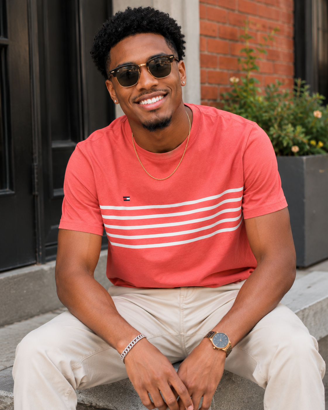 Tommy Hilfiger Men's Chest Stripe Short Sleeve T-Shirt Coral 78J2476 660 T9