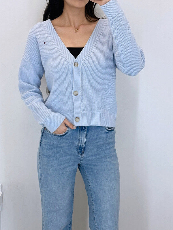Tommy Hilfiger Women's Overfit Drop Shoulder Rib Cotton Cardigan Light Blue 78J3606 450 T7