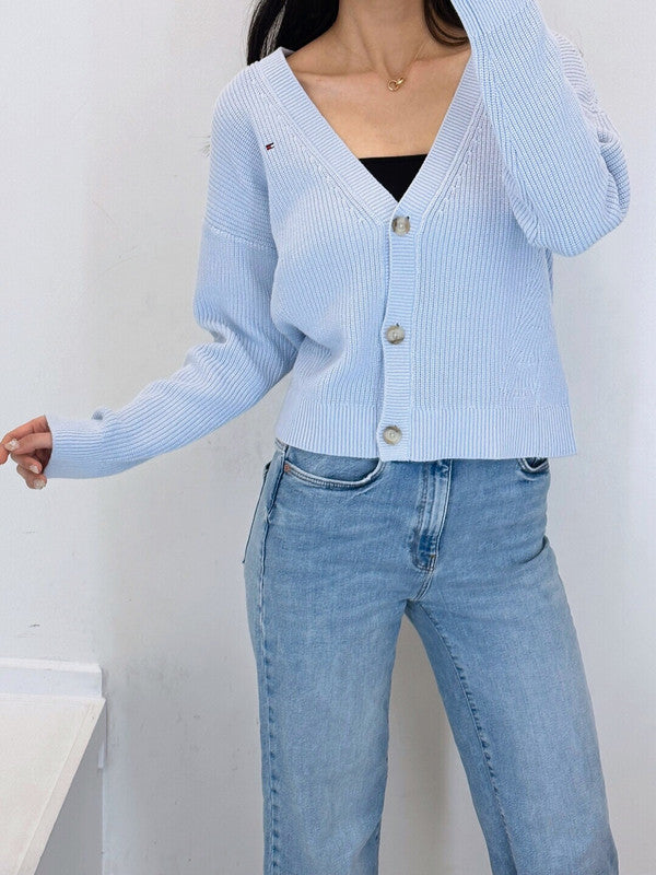 Tommy Hilfiger Women's Overfit Drop Shoulder Rib Cotton Cardigan Light Blue 78J3606 450 T7