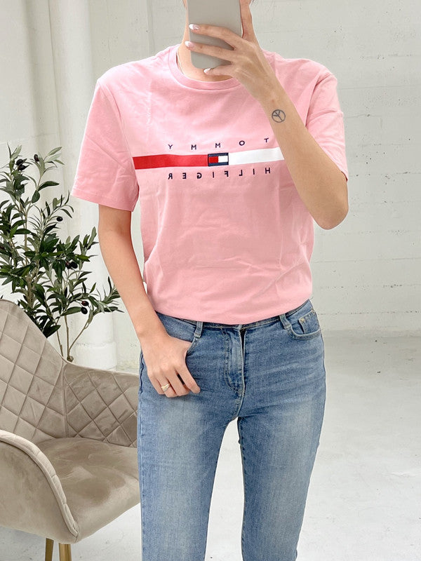 Tommy Hilfiger Mens Flag Stripe T-Shirt Glacier Pink 78J4997 660 - APLAZE