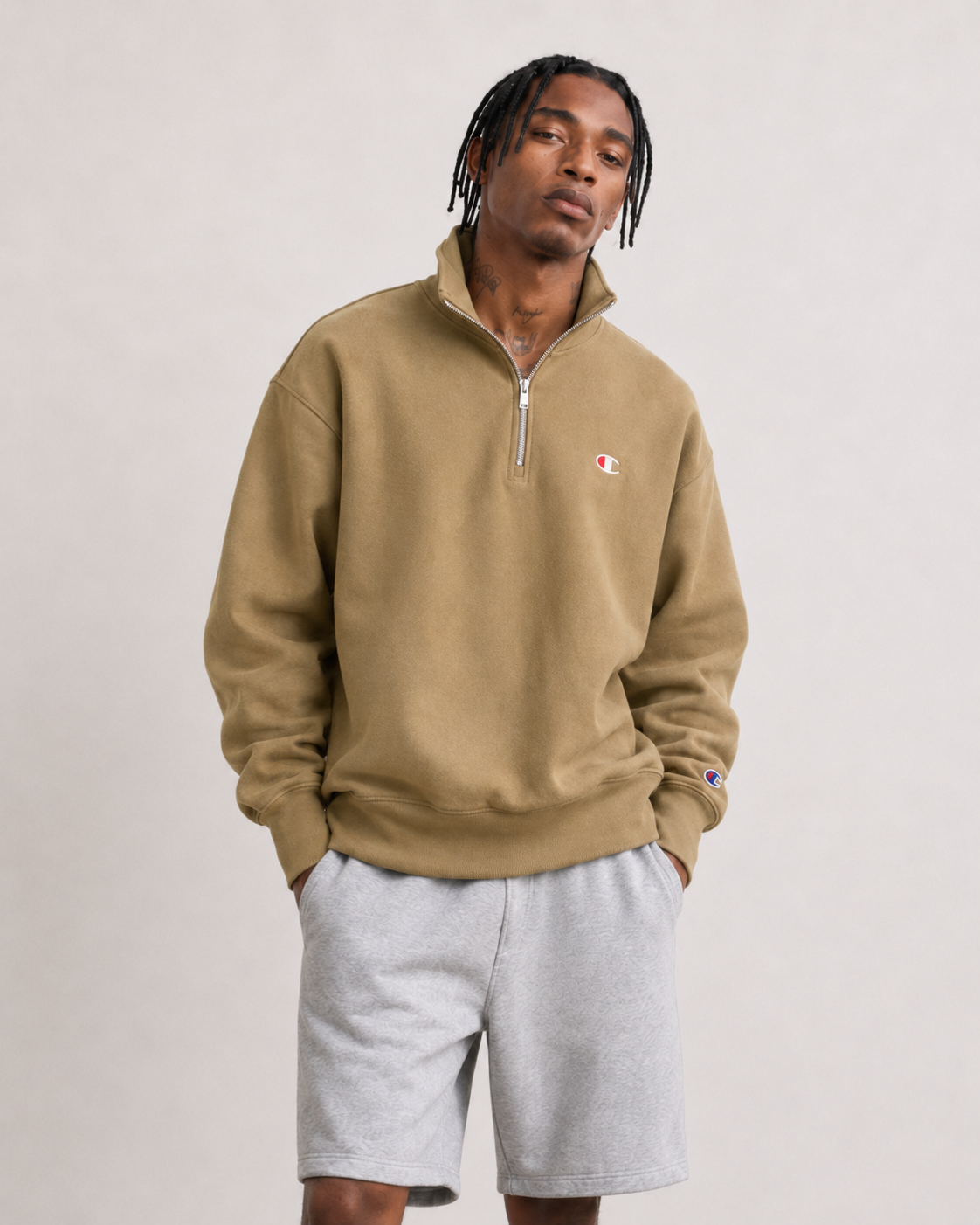 Champion Men's Reverse Weave Quarter Zip Embroidered C Logo Sweatshirt Whole Wheat Khaki S6873 549967 4W5