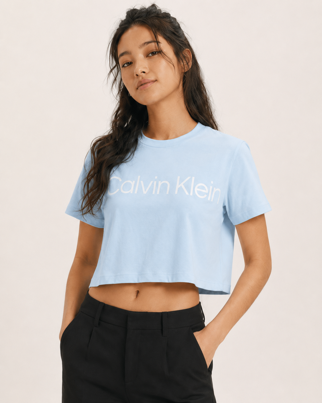 Calvin Klein Women's Logo Graphic Boxy Cropped T-Shirt Cool Blue 44C903G 450