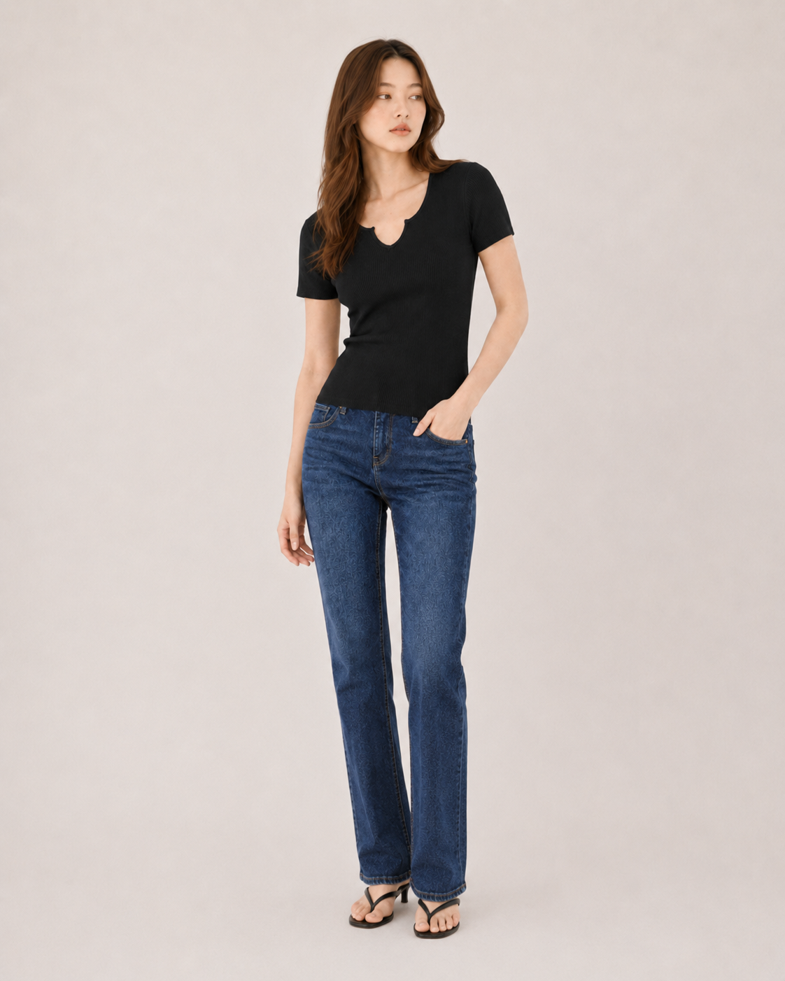Aplaze Ribbed Notch Neck Short Sleeve Top Black 71603