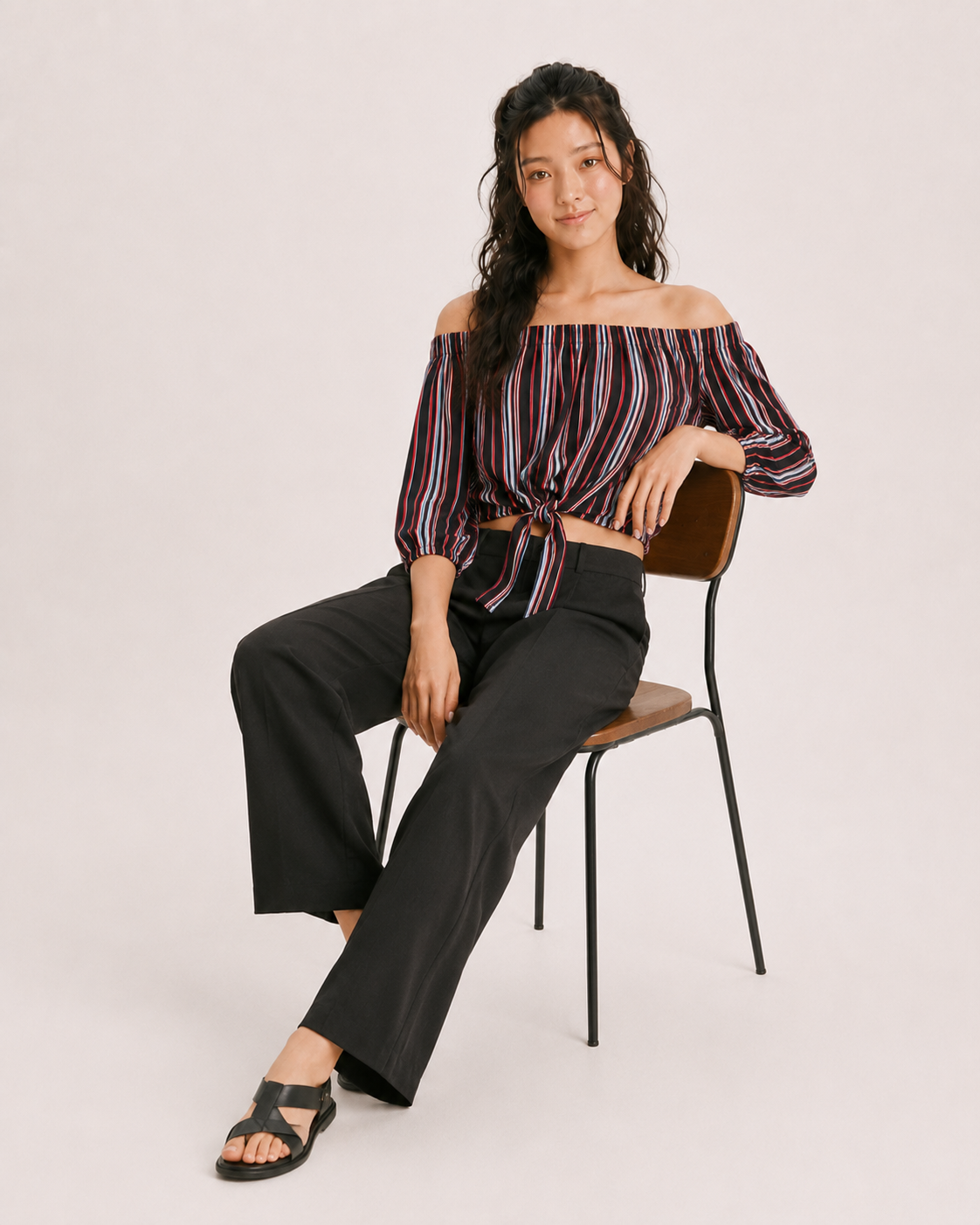 Aplaze Multi-Striped Tie-Front Hem Off-The-Shoulder Flared 3/4 Sleeve Crop Top Black 65944