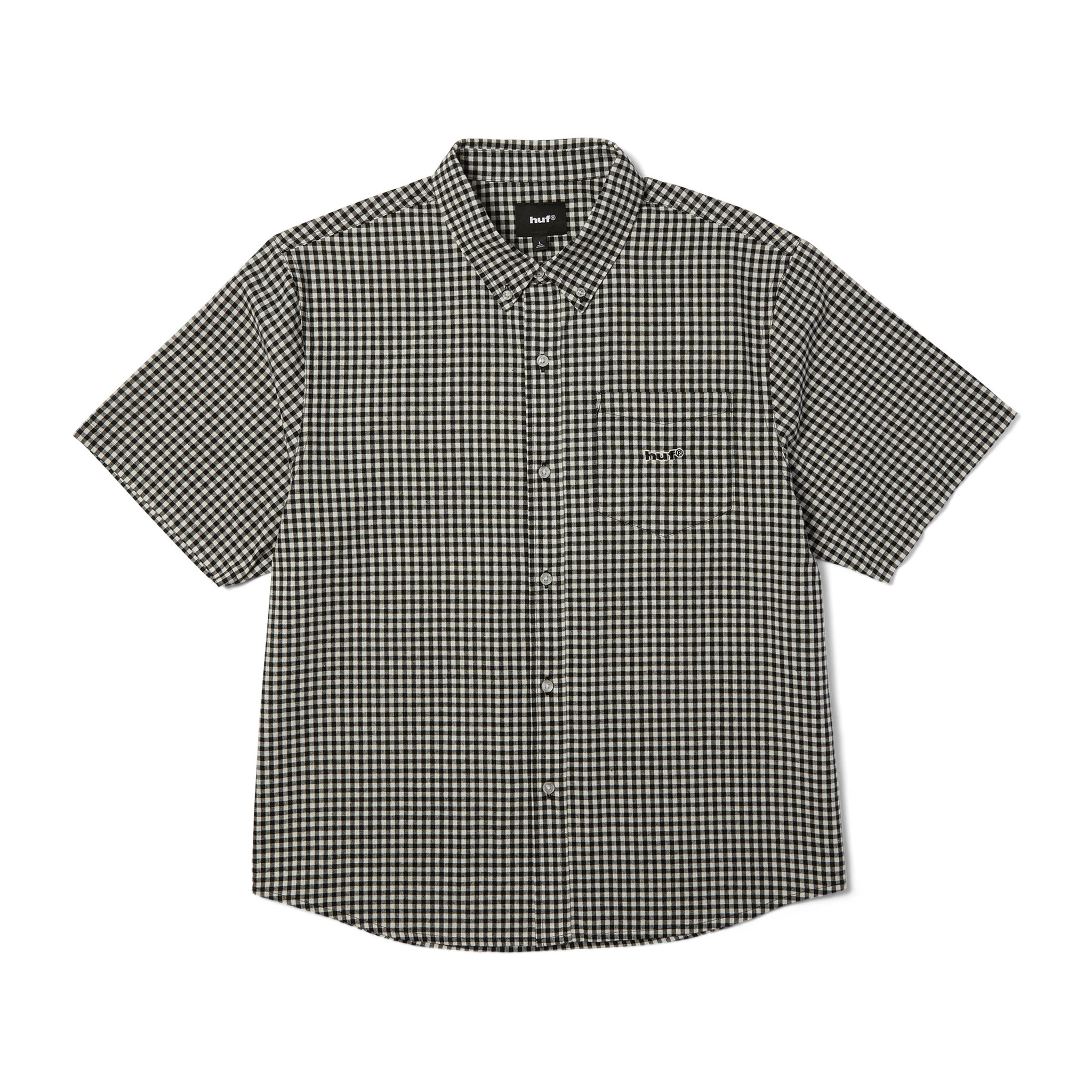 HUF Men's 89 Micro Gingham Ss Oxford Shirt Black/White Cotton BU00269 BKWHT