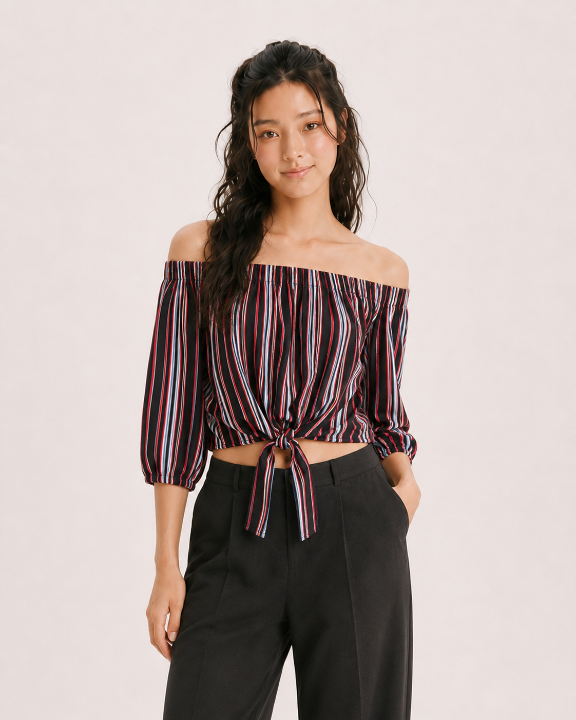 Aplaze Multi-Striped Tie-Front Hem Off-The-Shoulder Flared 3/4 Sleeve Crop Top Black 65944