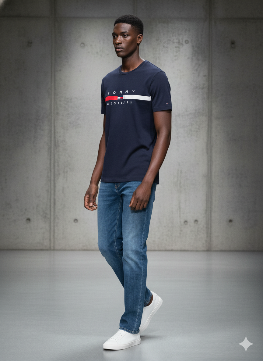 Tommy Hilfiger Mens Flag Stripe T-Shirt Sky Captain 78J4997 410