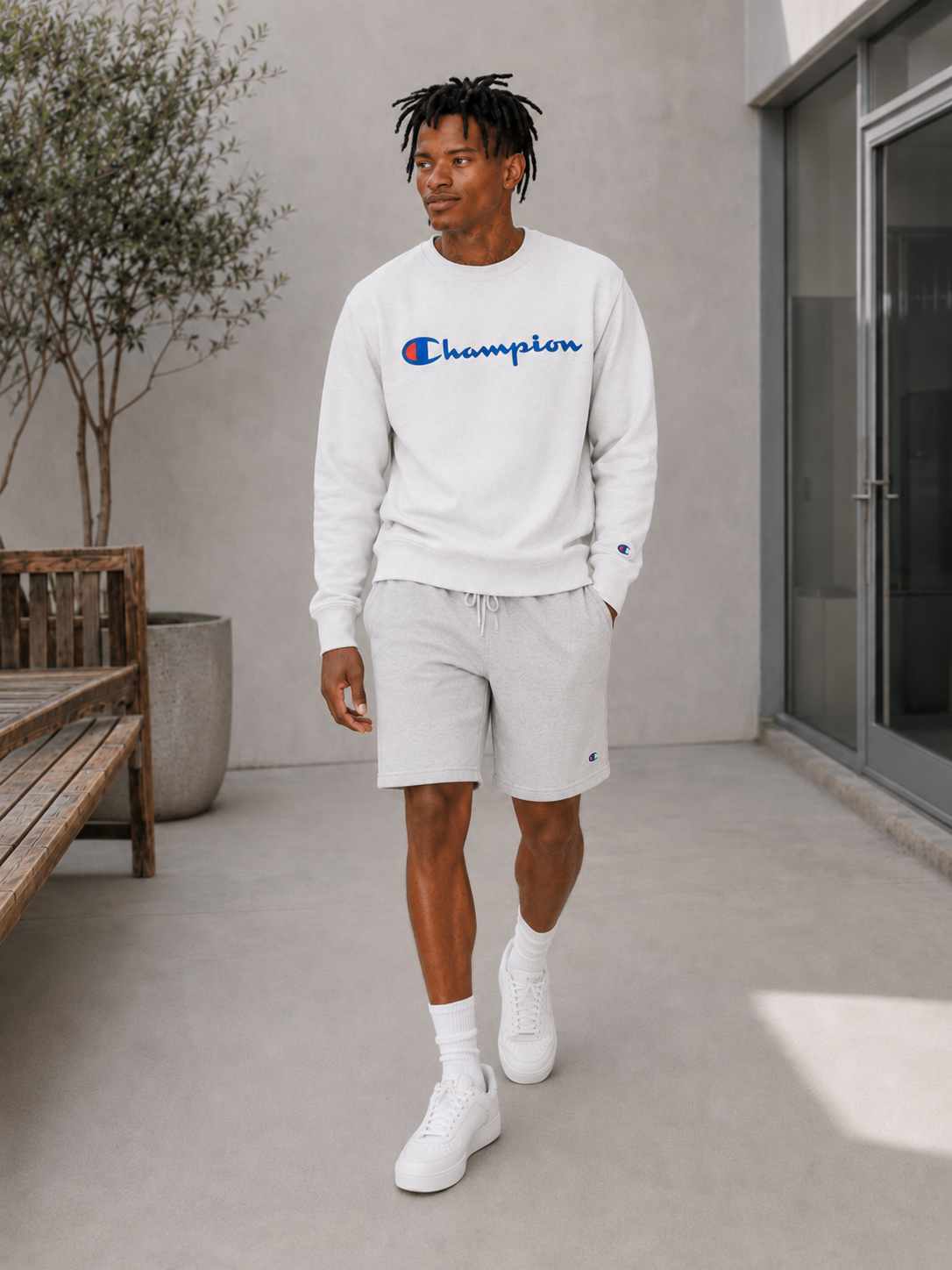 Champion Men's Powerblend Fleece Crew Script Logo White GF88H Y06794 WHC
