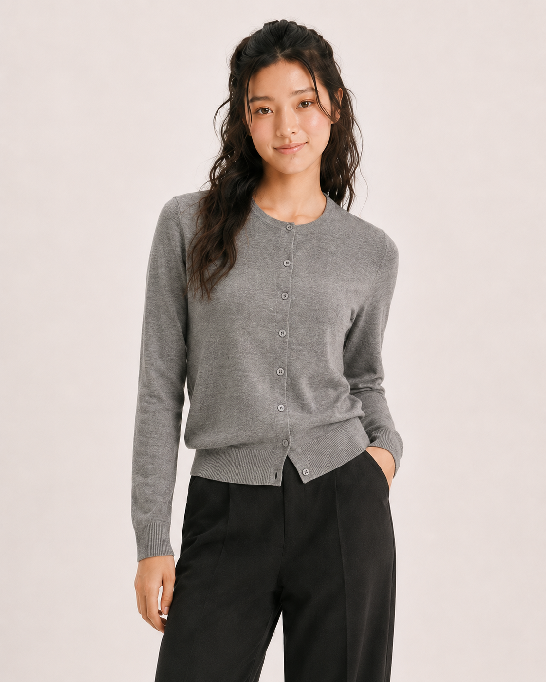 Aplaze Round Neck Button Cardigans Heather Grey SW280