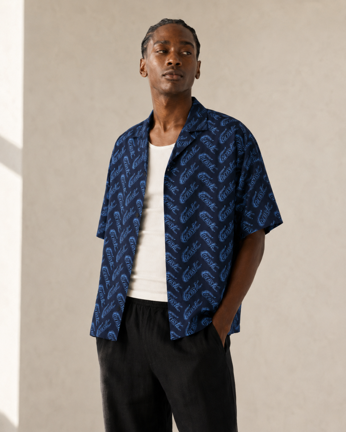 Lacoste Men's Short Sleeve Vintage Print Shirt Navy Blue/Ethereal CH5793 F65