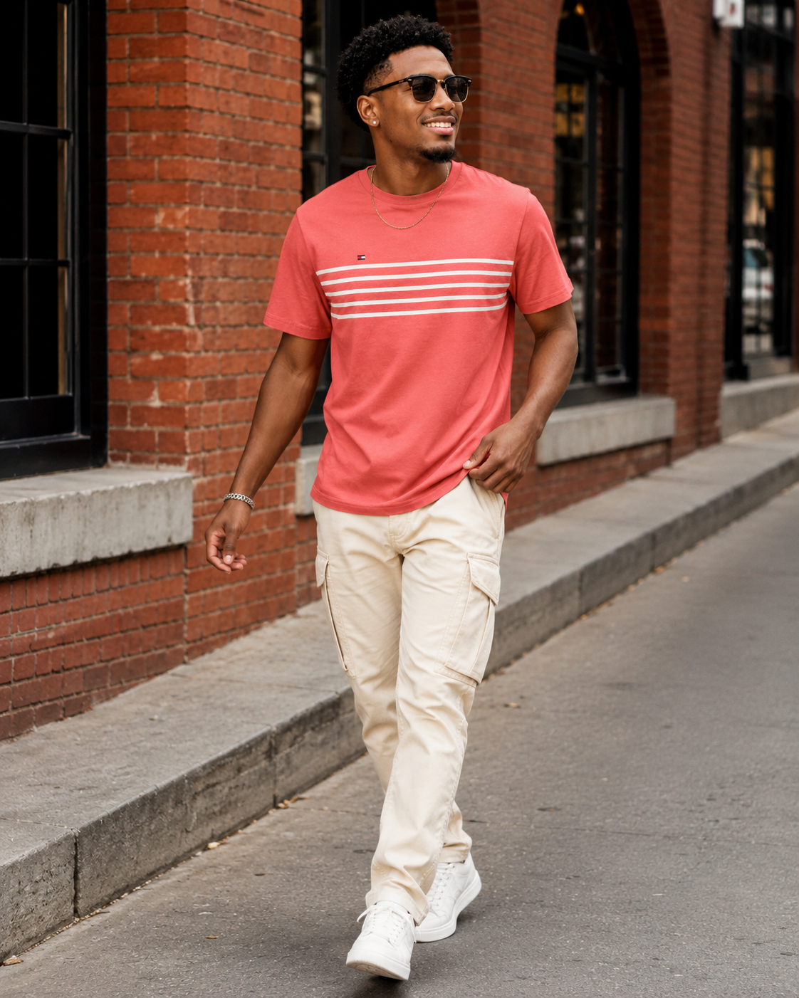 Tommy Hilfiger Men's Chest Stripe Short Sleeve T-Shirt Coral 78J2476 660 T9