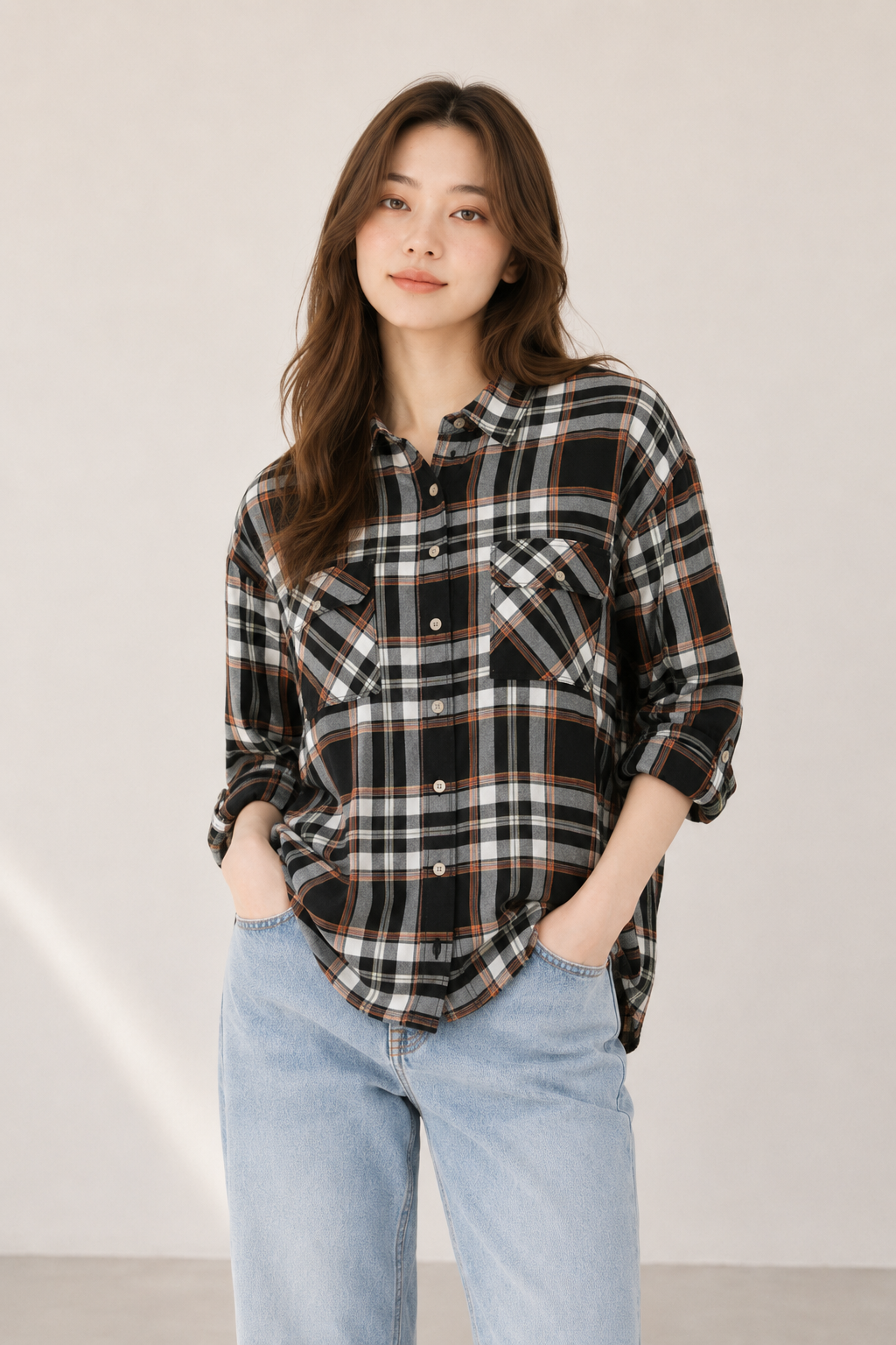 Aplaze Double Flap Pocket Button-up Plaid Shirt with Roll-up Long Sleeves Black 72681