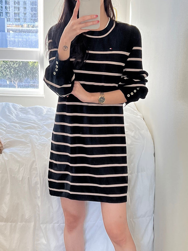 Tommy Hilfiger Women's Striped Flag Logo Sleeve Button Knit Dress Black Multi A1HD5626 3BF T4