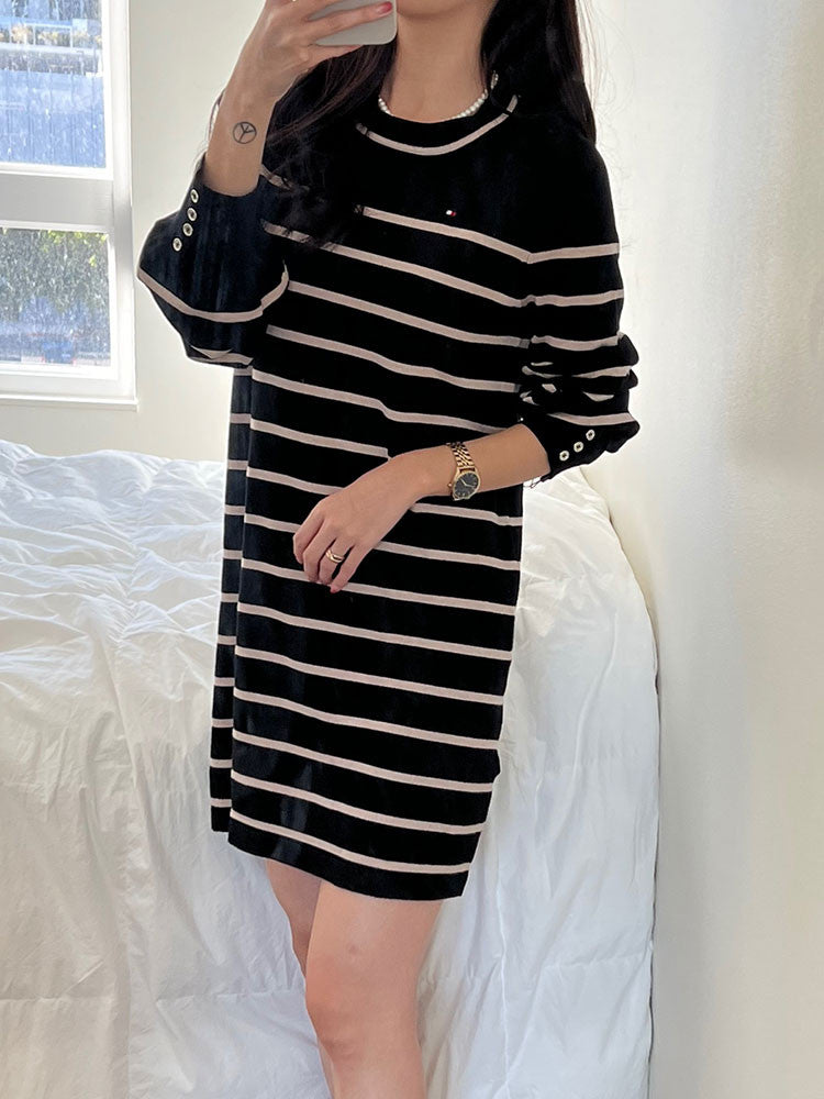 Tommy Hilfiger Women's Striped Flag Logo Sleeve Button Knit Dress Black Multi A1HD5626 3BF T4
