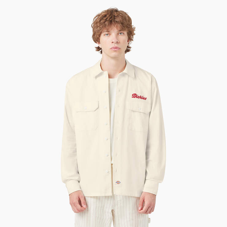 Dickies Mens Lewistown Long Sleeve Work Shirt Egret A4Z7PC48