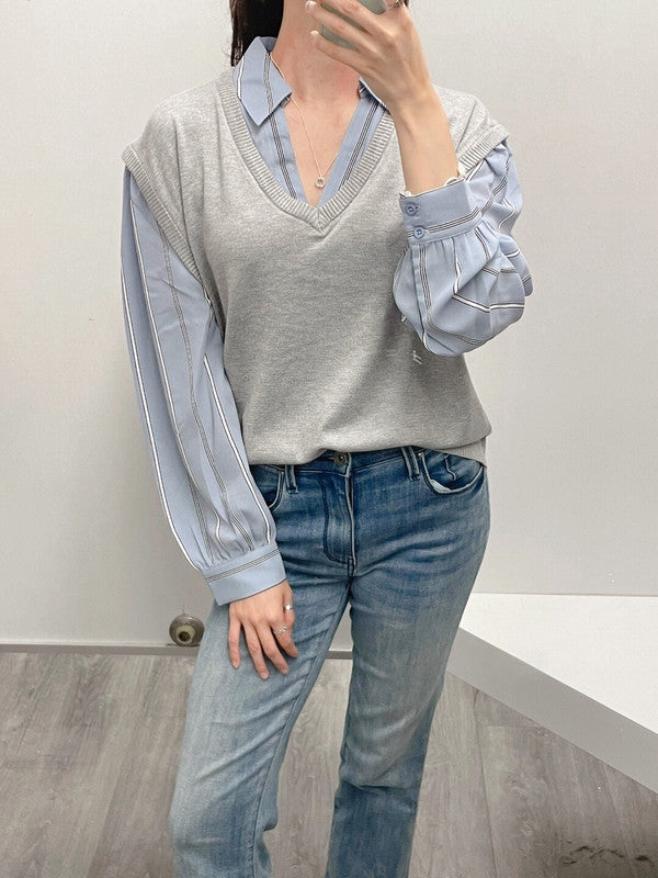 Adriana Papel Women's Oversized Sweater Vest Twofer Heater Grey Blue Combo Stripe AD1S302177 MX1