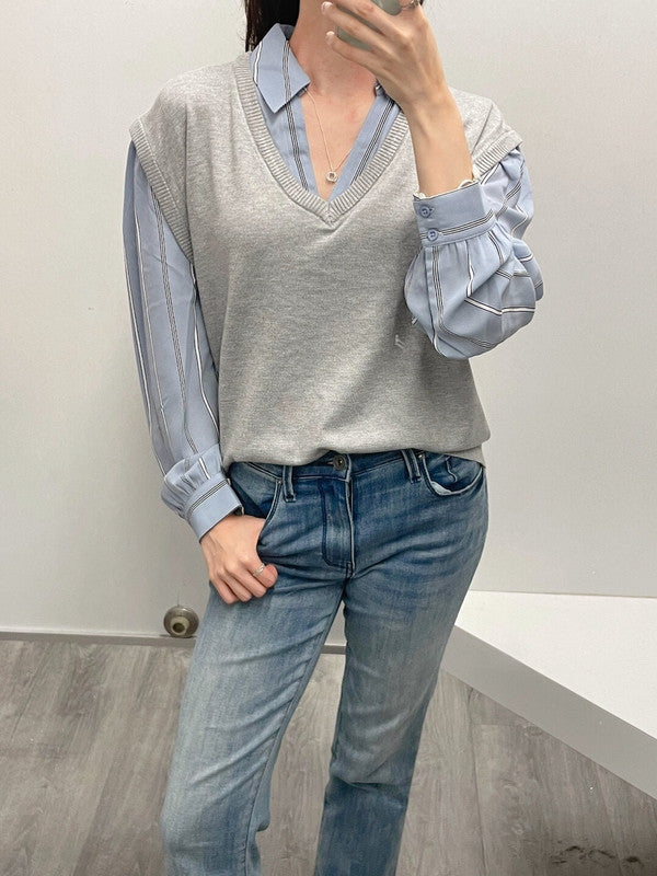 Adriana Papel Women's Oversized Sweater Vest Twofer Heater Grey Blue Combo Stripe AD1S302177 MX1