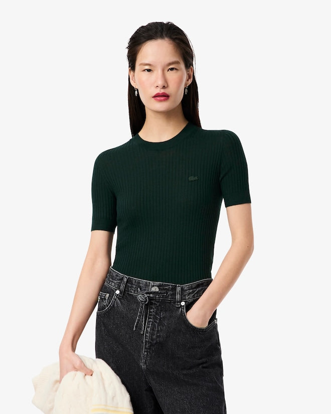 Lacoste Women's Short Sleeve Merino Wool Rib Knit Sweater Forest green AF4146-51 YZP