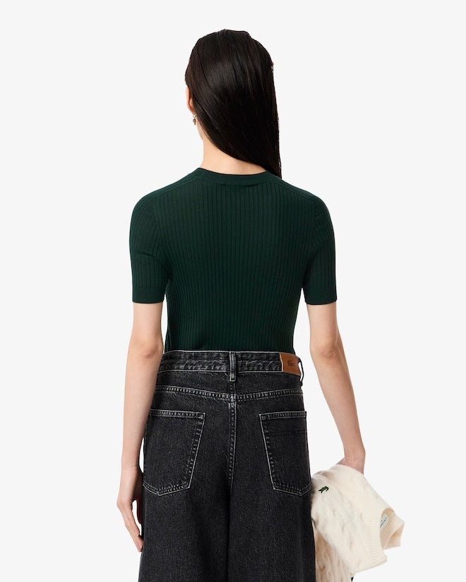 Lacoste Women's Short Sleeve Merino Wool Rib Knit Sweater Forest green AF4146-51 YZP