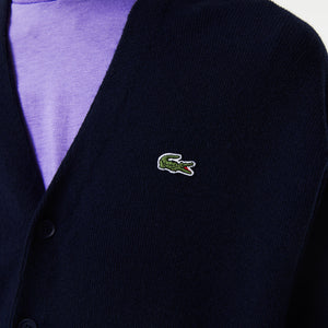 Lacoste Men's Relaxed Fit Tone-on-Tone Buttons Wool Cardigan Navy Blue AH0397 166 - APLAZE