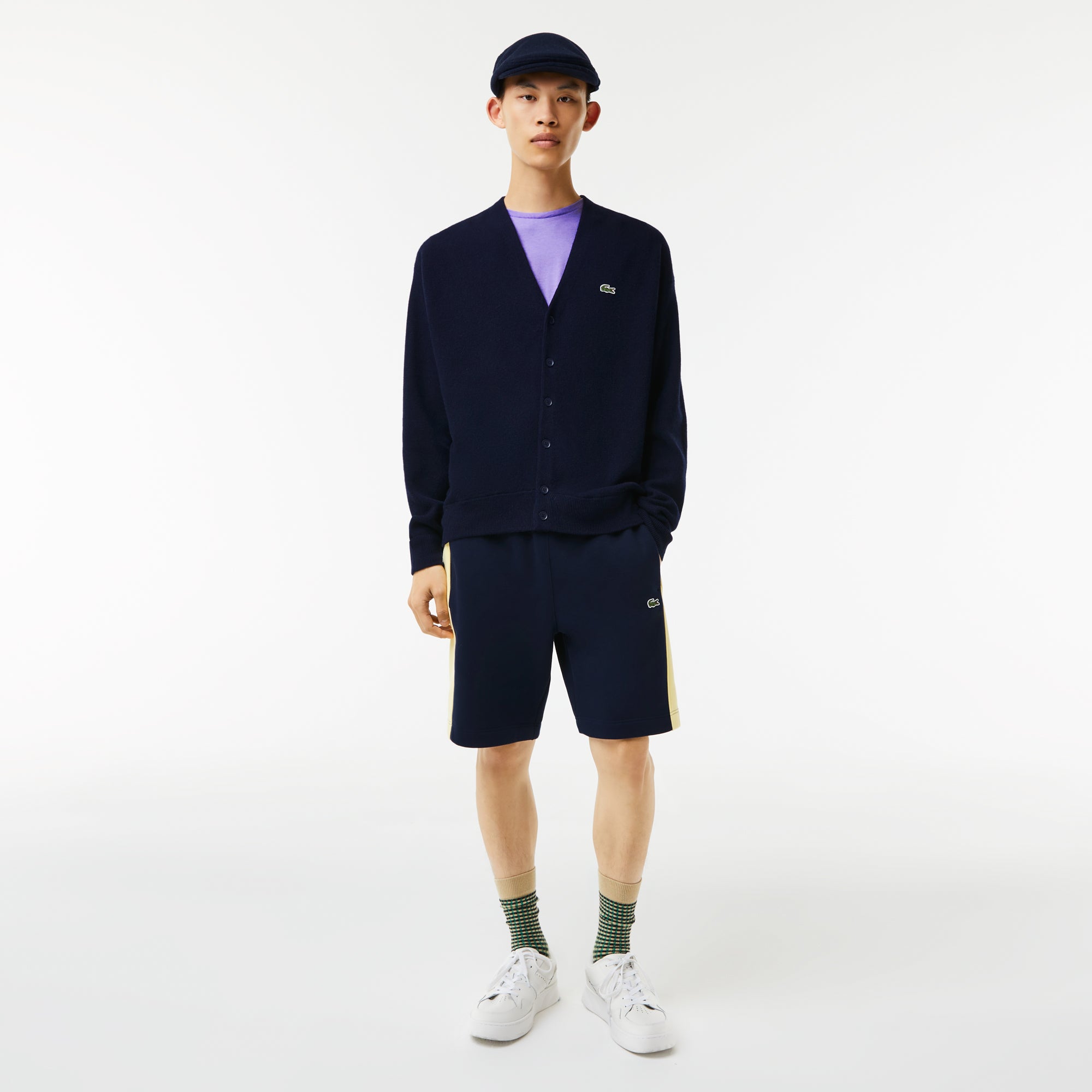 Lacoste Men's Relaxed Fit Tone-on-Tone Buttons Wool Cardigan Navy Blue AH0397 166 - APLAZE