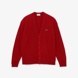 Lacoste Men's Relaxed Fit Tone-on-Tone Buttons Wool Cardigan Red AH0397 240 - APLAZE
