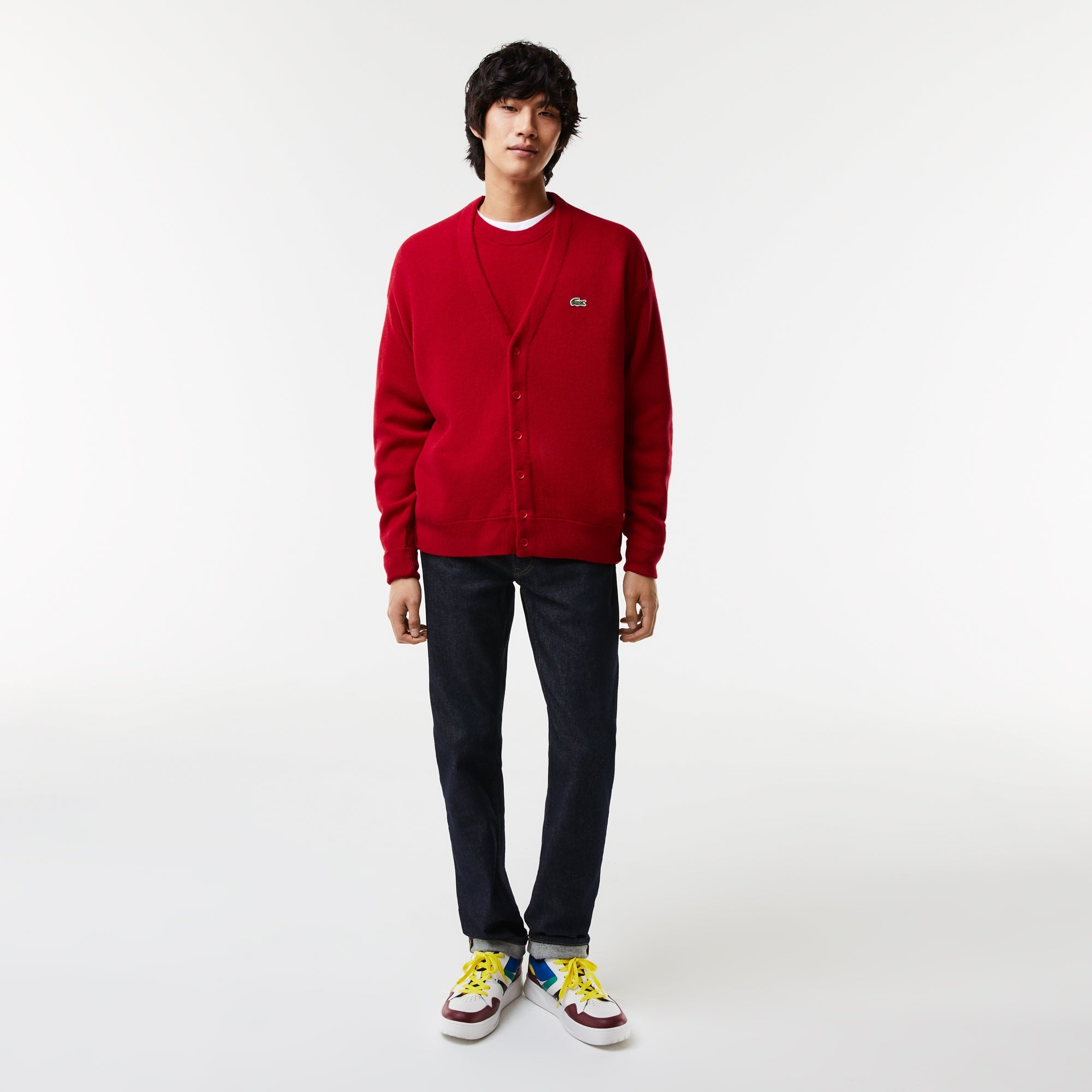 Lacoste Men's Relaxed Fit Tone-on-Tone Buttons Wool Cardigan Red AH0397 240 - APLAZE