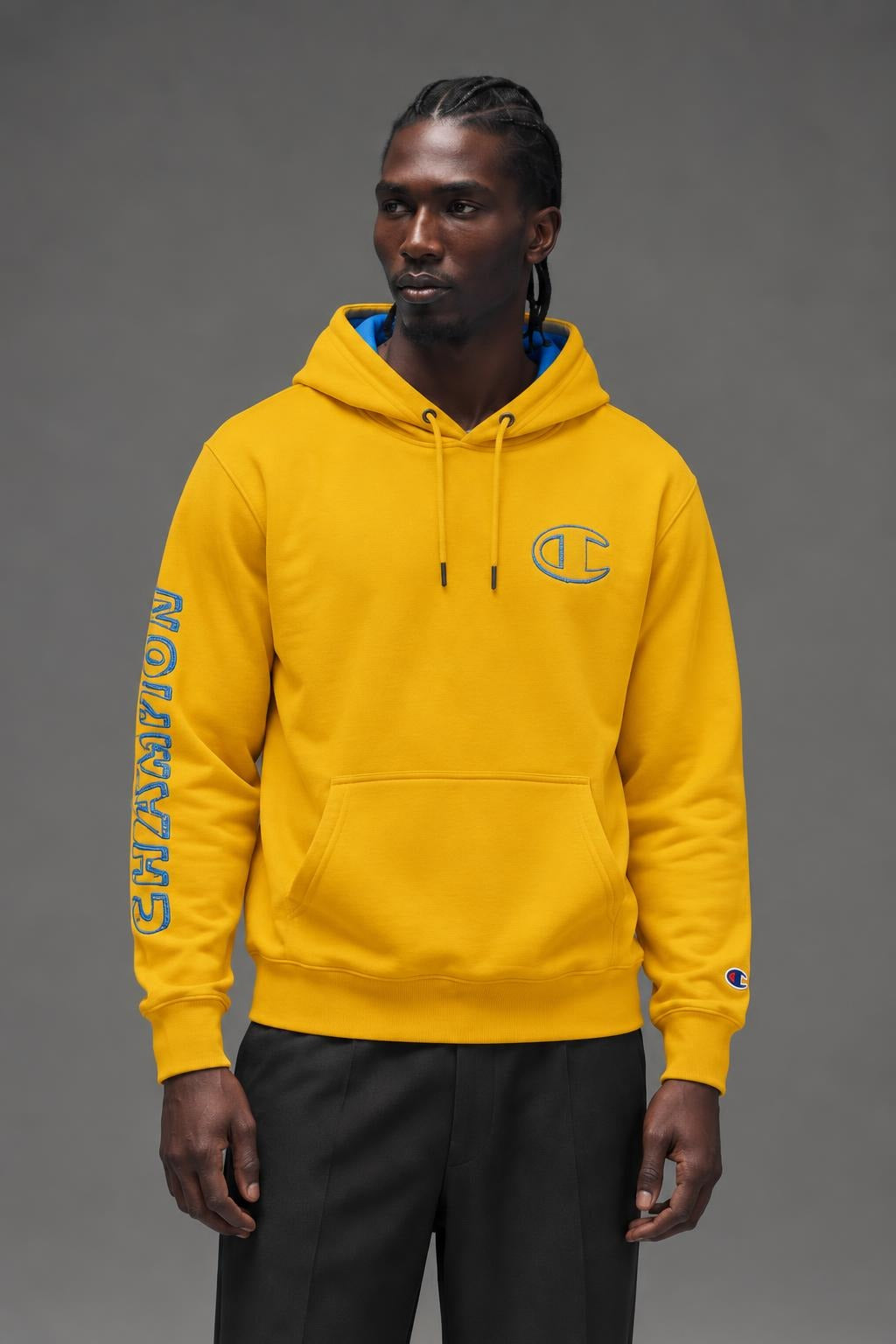 AI model photo - Champion Powerblend Fleece Graphic Hoodie Forsythia/Blue Jay GF89H 586MLA ADIN
