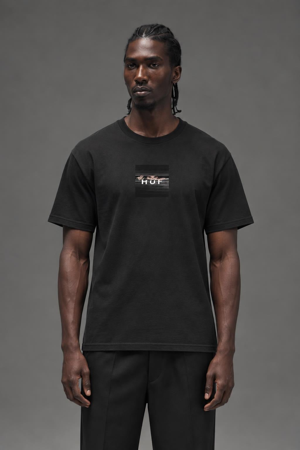 AI model photo - HUF Voyeur Logo Short Sleeve T-Shirt Black TS01175