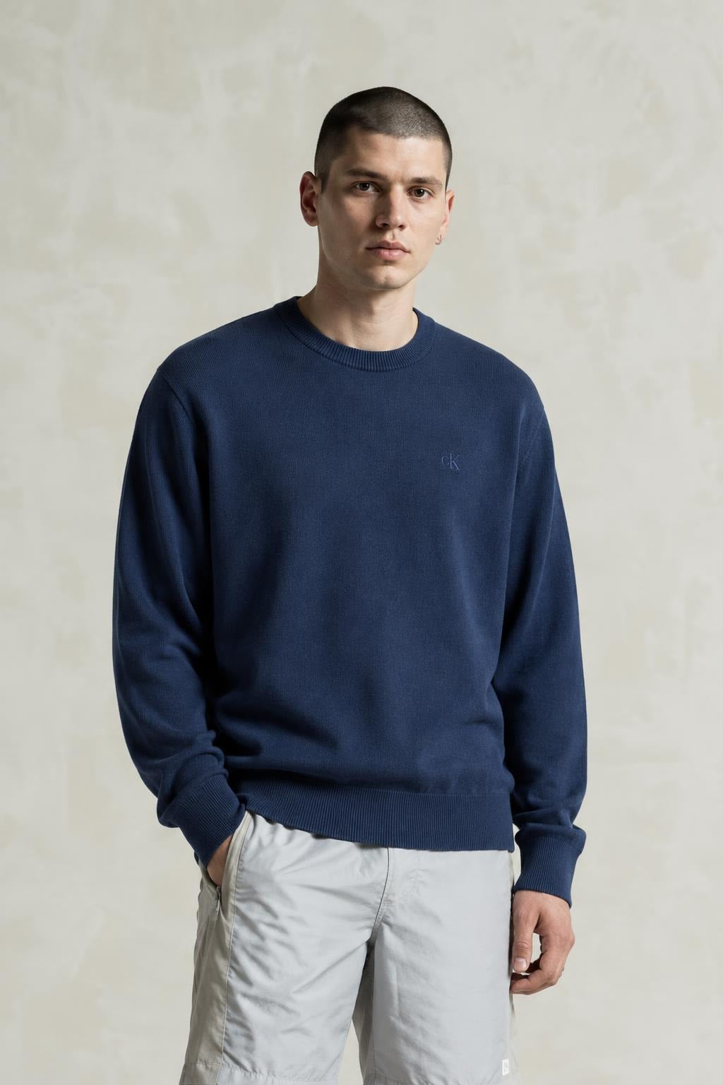AI model photo - Calvin Klein Men's Supima Cotton Round Neck Mini CK Logo Knit Sweater Navy 40CP300 501 C2