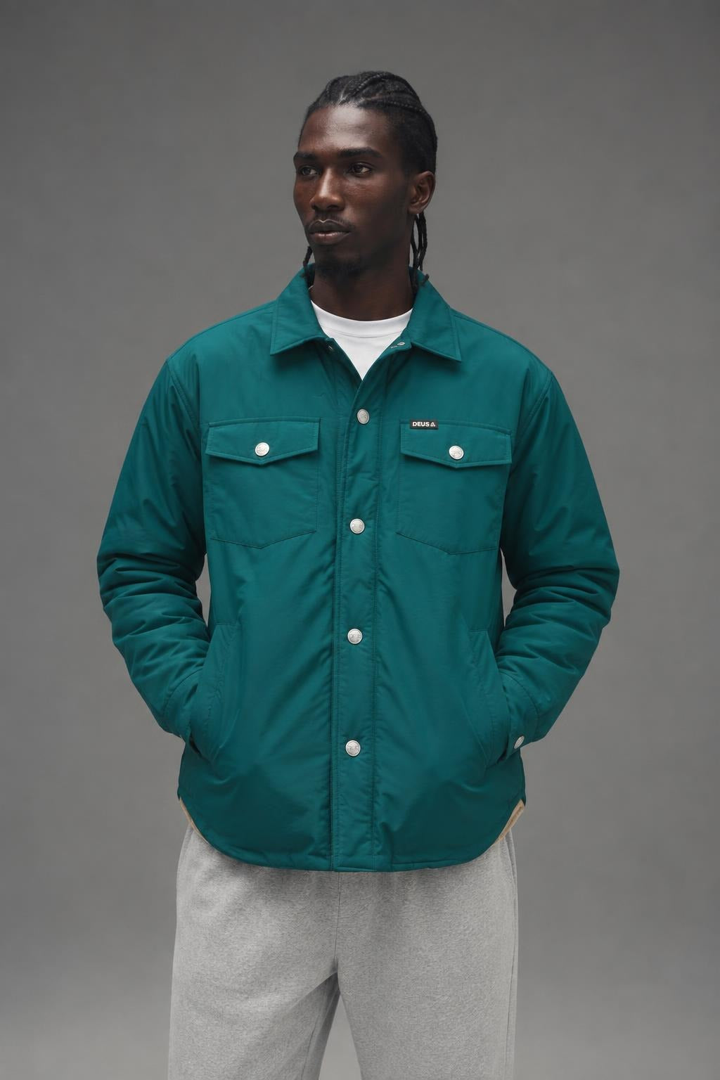 AI model photo - Deus ex machina Men's Alpine Paddede Overshirt Trek Green DMF226489