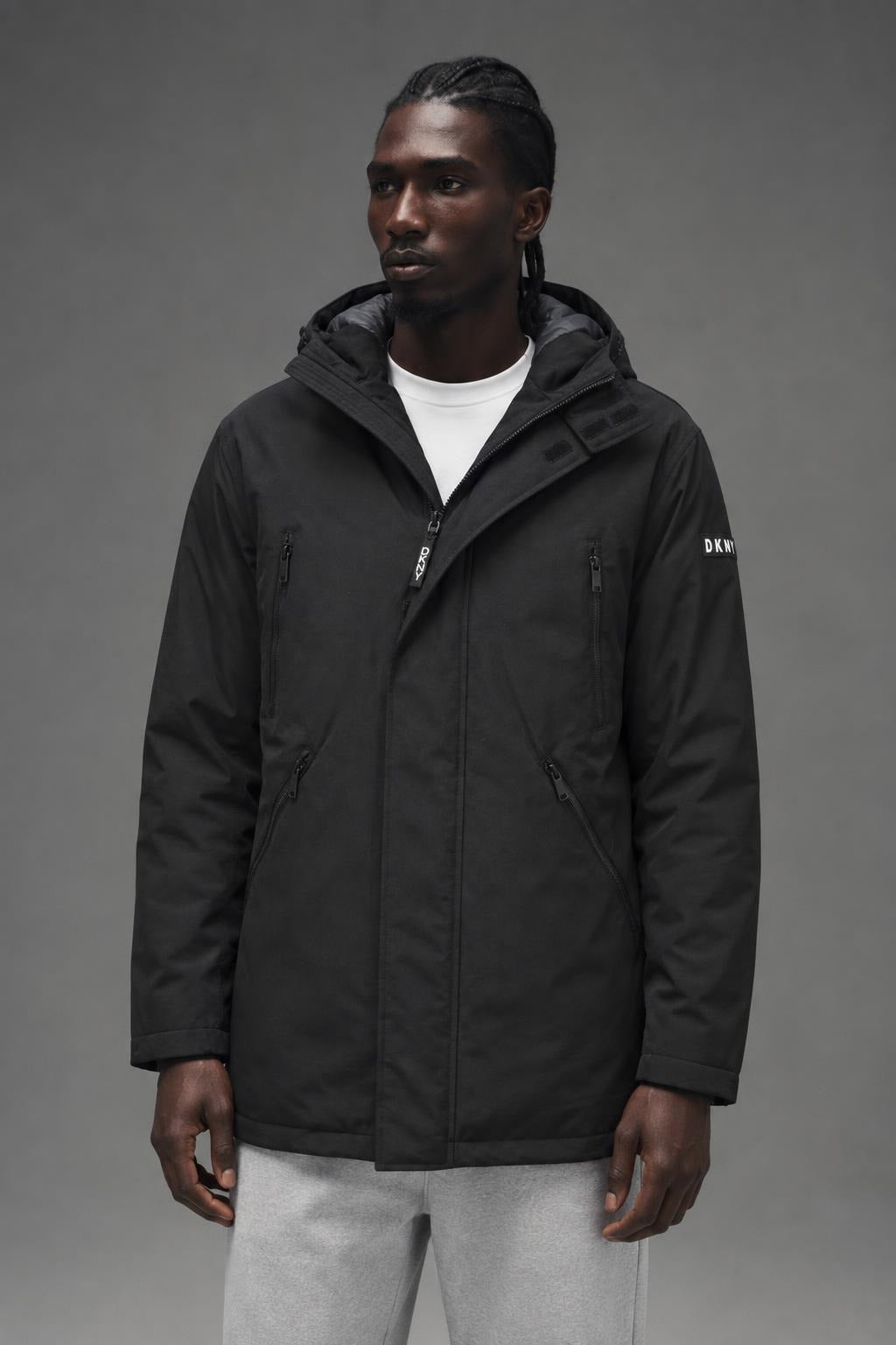 AI model photo - DKNY Men's Full Length Hooded Parka Black DX8OP195 K2