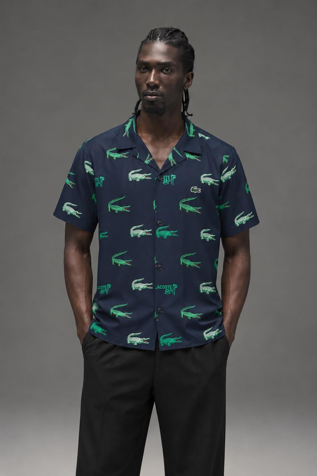 AI model photo - Lacoste Mens Golf Printed Short-Sleeved Shirt Navy Blue CH5619 166