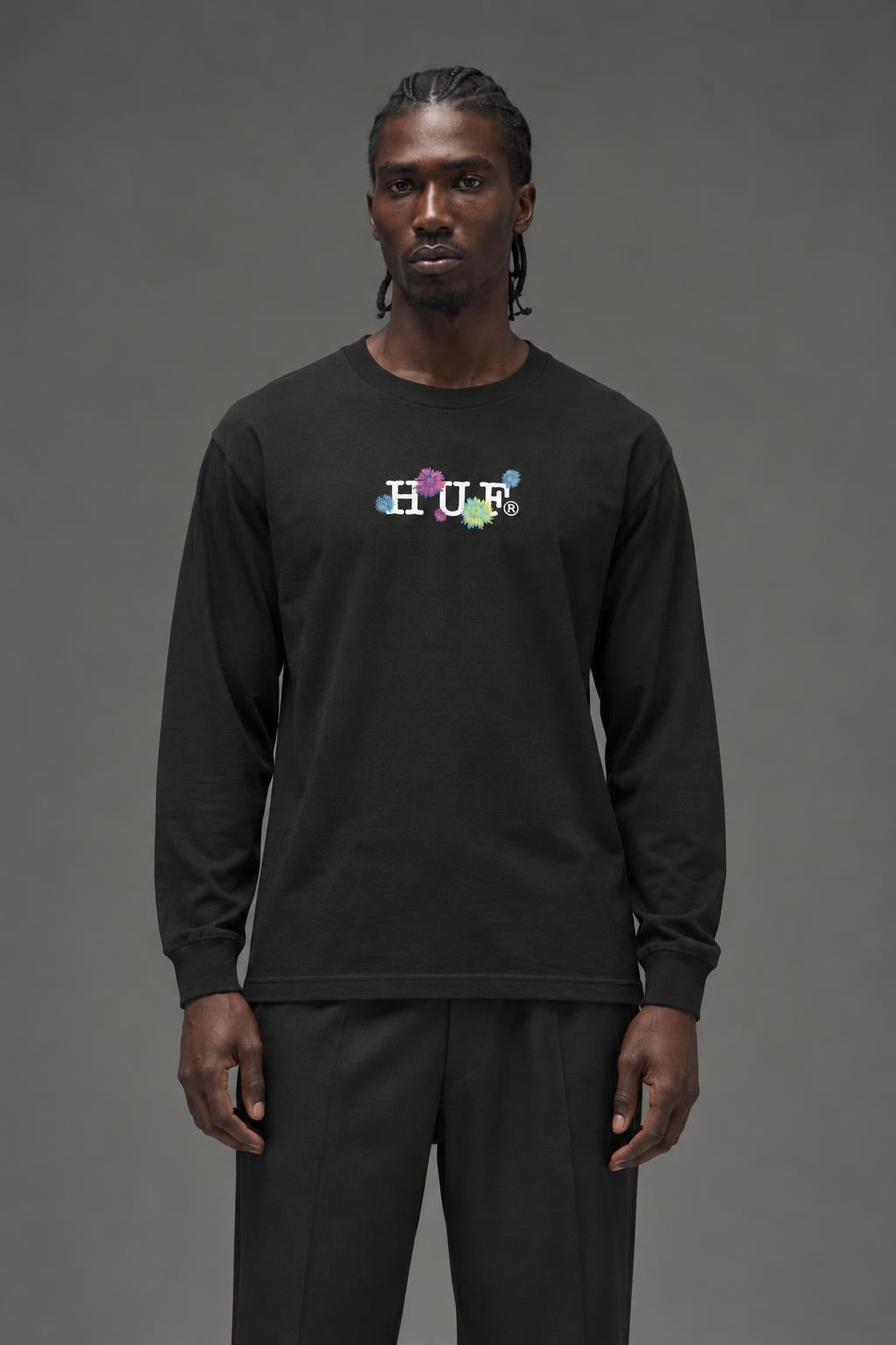 AI model photo - HUF Psycho Daisies Long Sleeve T-Shirt Black TS01158