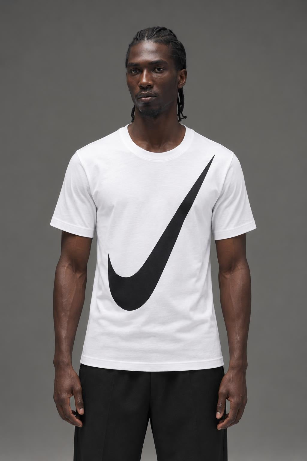 AI model photo - Nike Men's Swoosh T-Shirt White/Black BV7645 100 N1