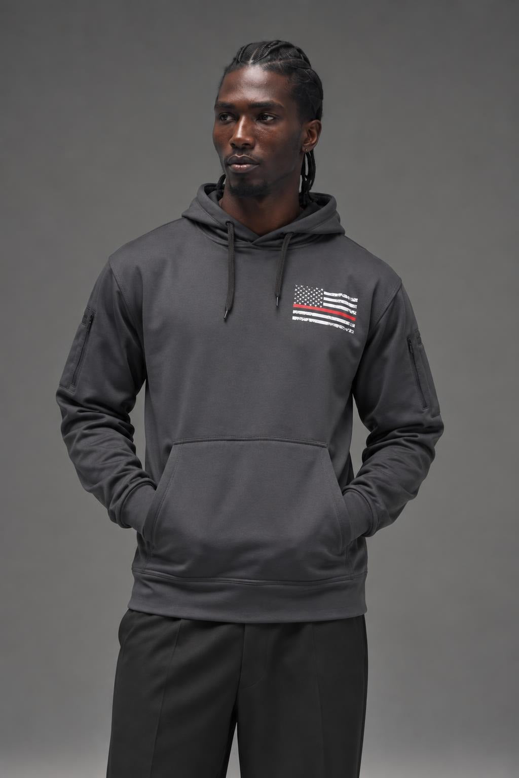 AI model photo - Rothco Thin Red Line Concealed Carry Hoodie Flag/Grey 2331 2332