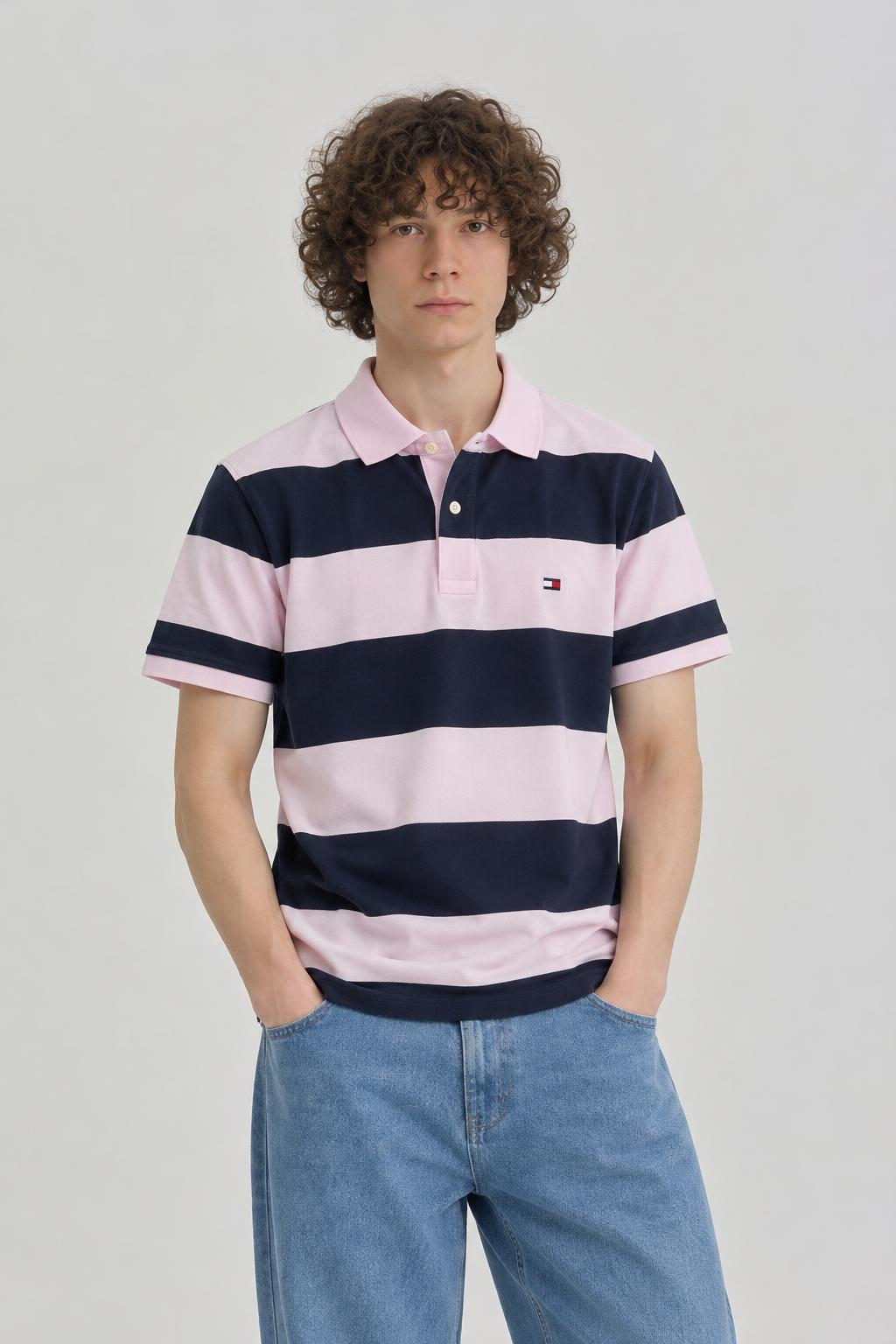 AI model photo - Tommy Hilfiger Men's Rugby Stripe Regular Polo Custom Fit T-Shirt Light Pink 78J5019 650