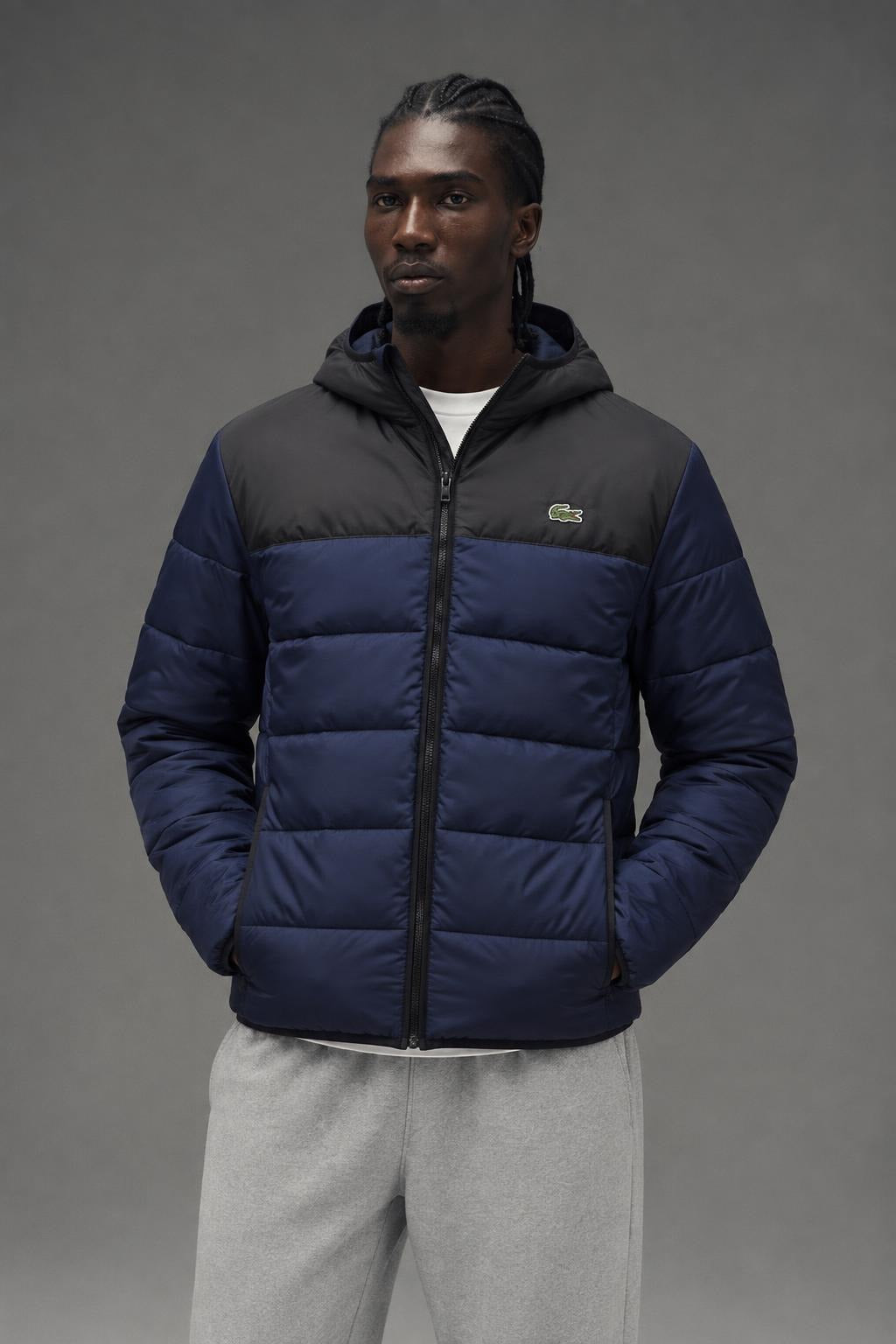AI model photo - Lacoste Men’s Water-Repellent Quilted Puffer Jacket Navy/Black BH6763-51 JB1