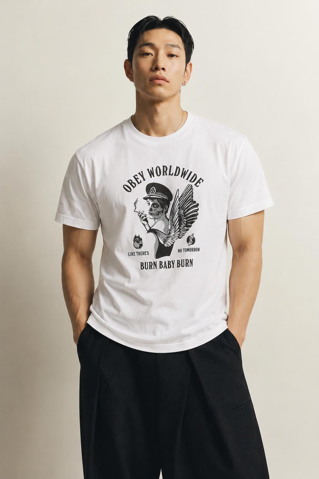 AI model photo - OBEY Burn Baby Burn Sustainable T-Shirt White 267291976