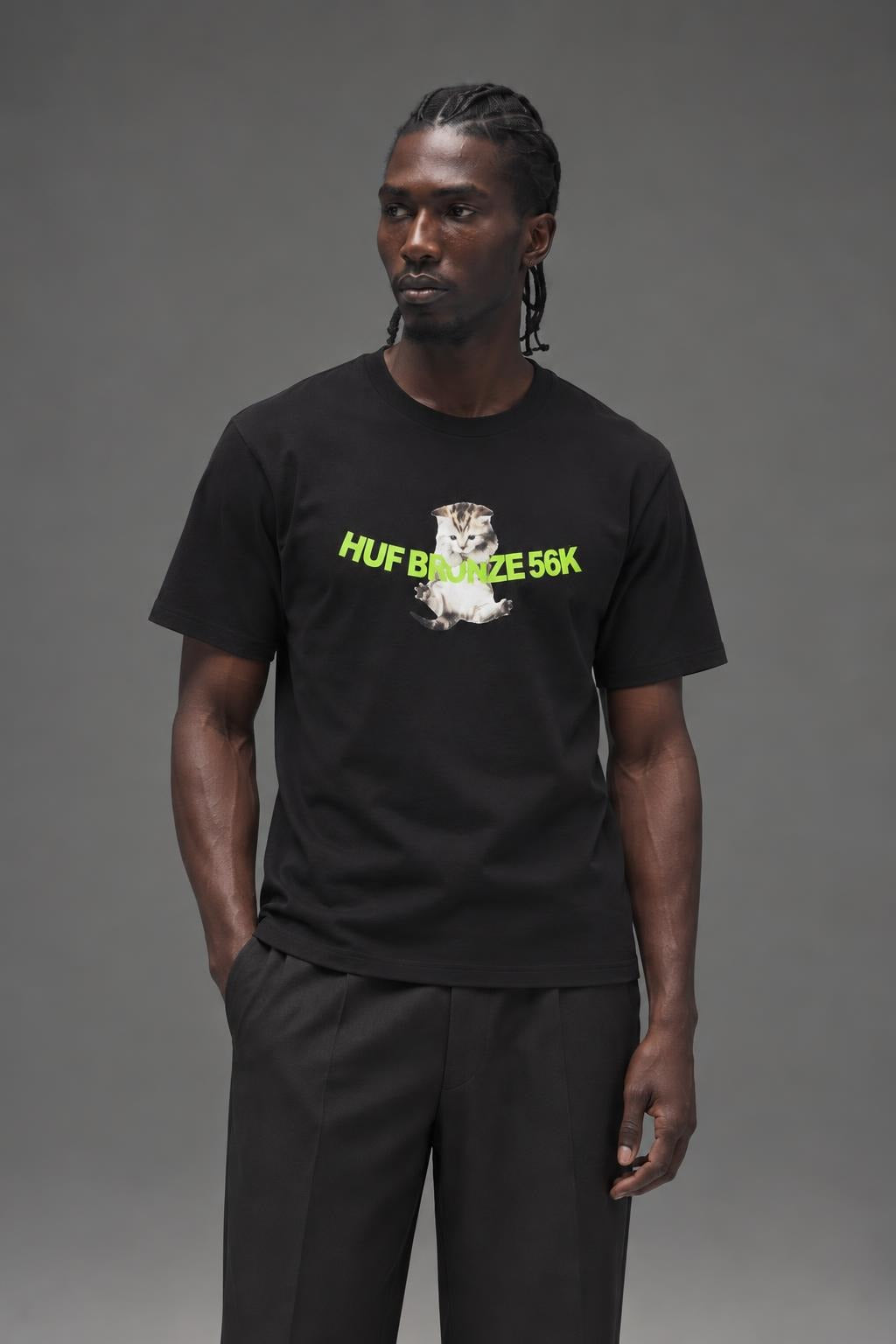 AI model photo - HUF x Bronze 56k Hang In There T-Shirt Black TS02476 BLK
