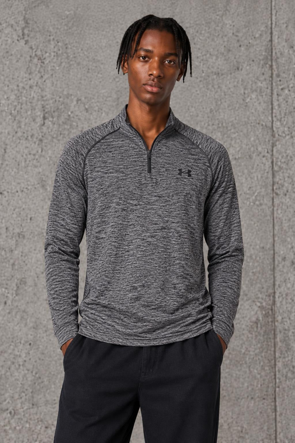 AI model photo - Under Armour Mens Tech 1/4 Zip Long Sleeve T-Shirt Black/Graphite 1242220-005