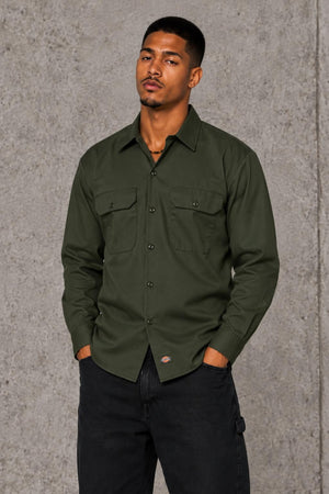AI model photo - Dickies Men's Long Sleeve Work Shirt Olive Green 574OG