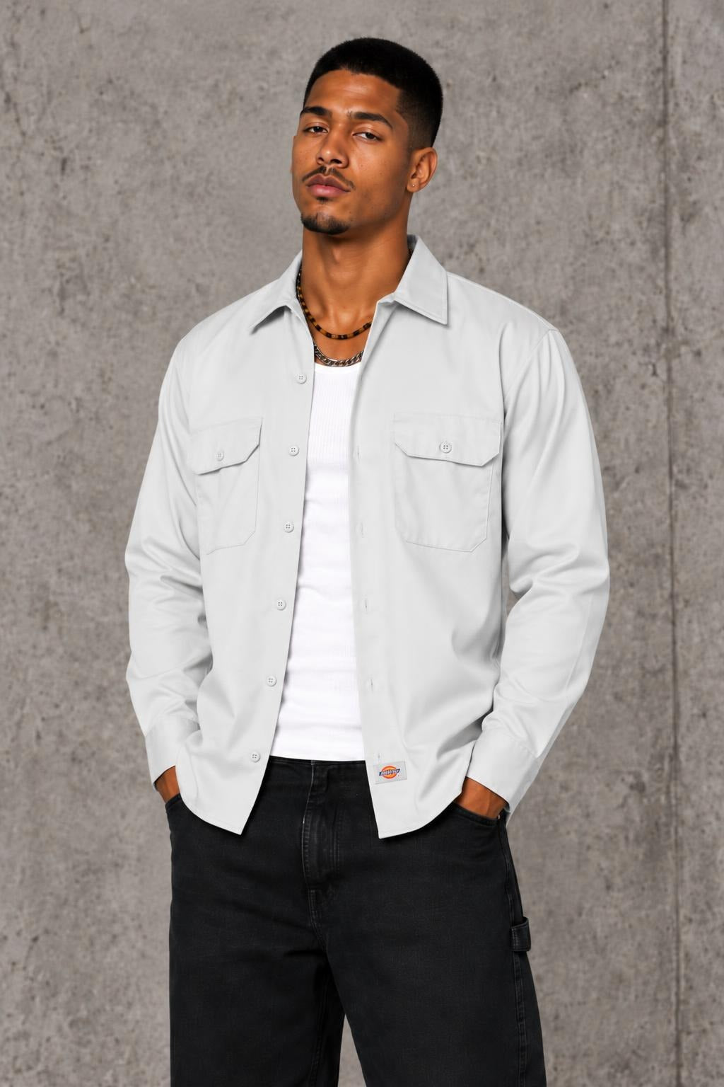 AI model photo - Dickies Men's Long Sleeve Work Shirt White 574WH
