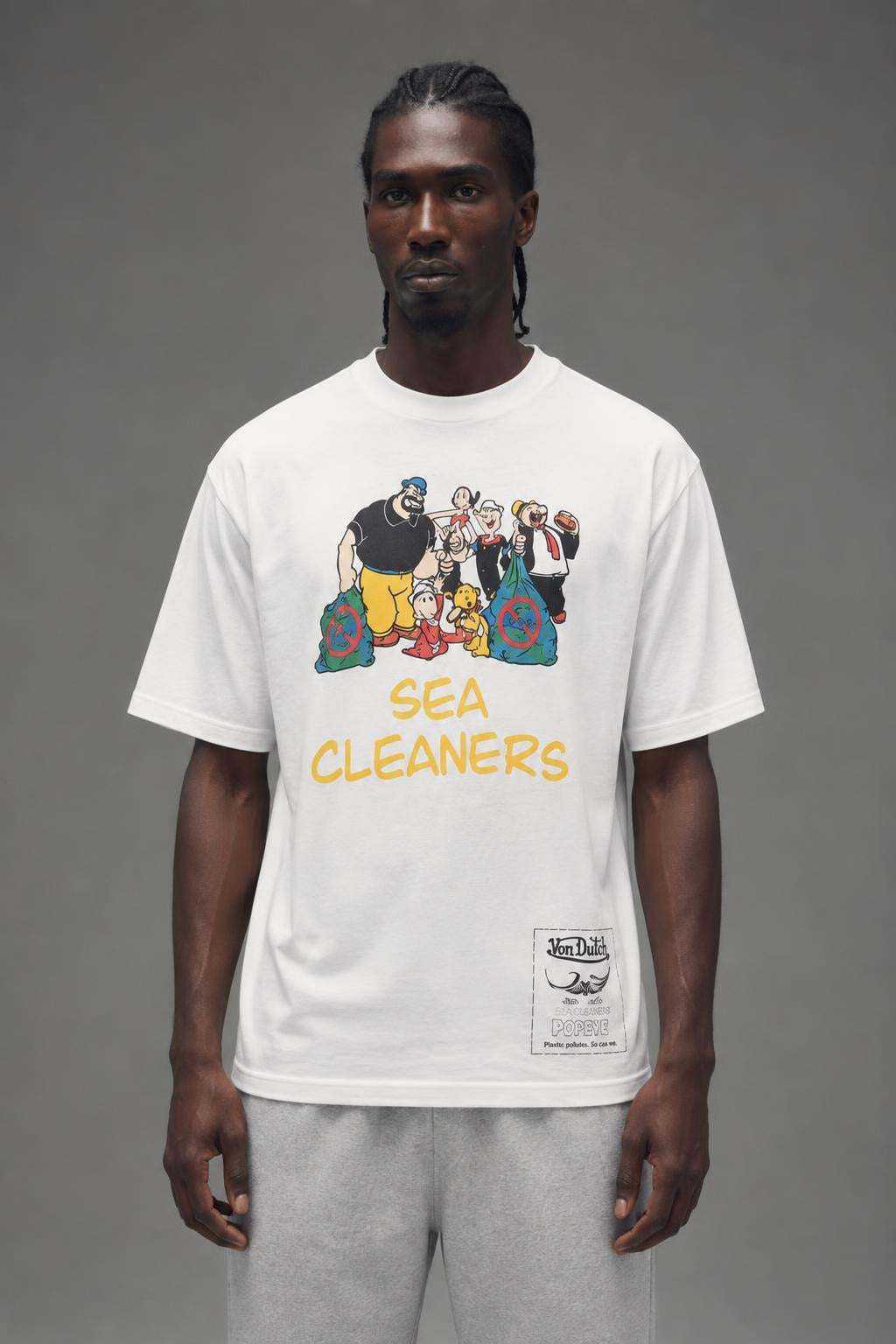 AI model photo - Von Dutch Mens Popeye Character Cleanup Organic Cotton T-Shirt Off White TM147V