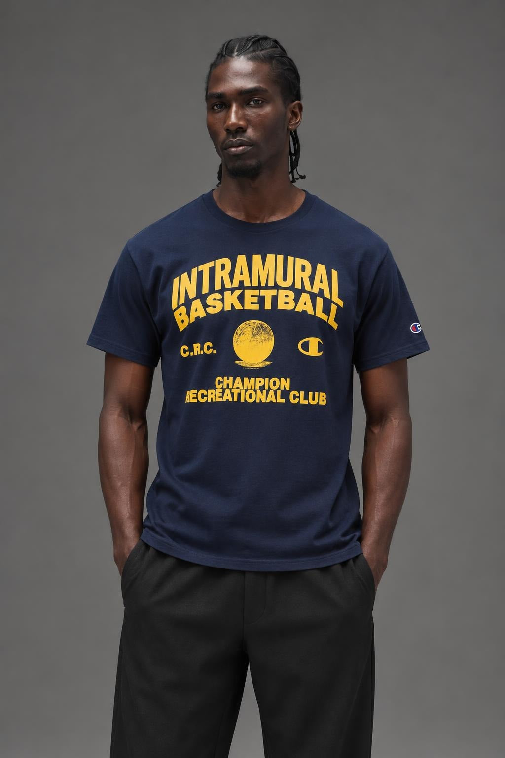AI model photo - Champion Classic Graphic T-Shirt, Intramural Basketball Navy GT23H 586Q8B 031