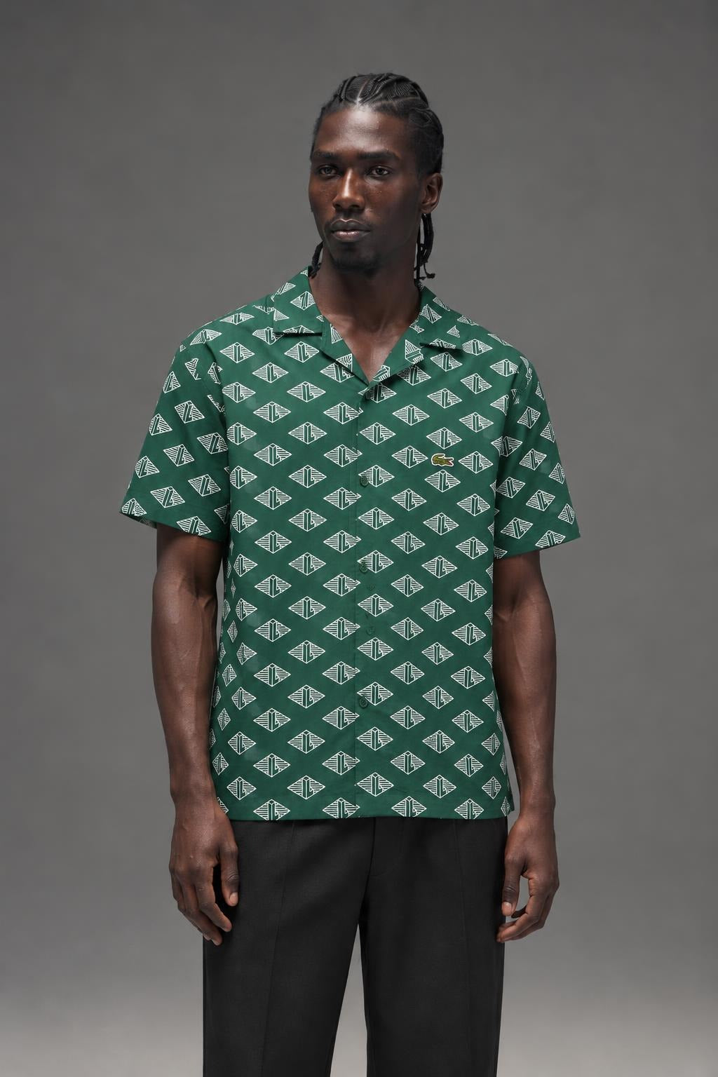 AI model photo - Lacoste Mens Short Sleeve Monogram Print Shirt Green/Flour CH7882 YRR