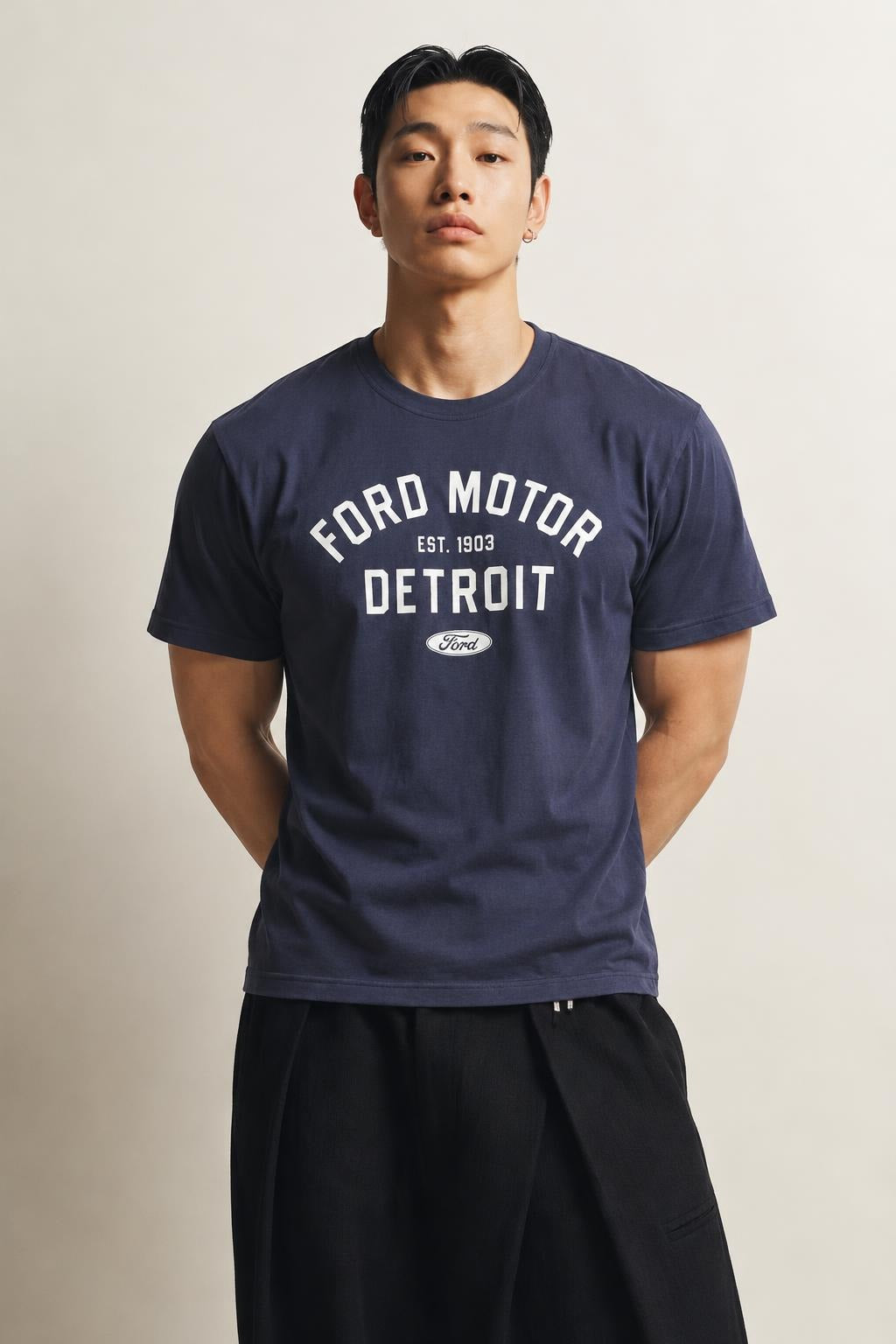 AI model photo - American Needle Red Jacket Mens Ford Motor Detroit BT2 Brass Tacks T-Shirts Navy RJ801F-FORD