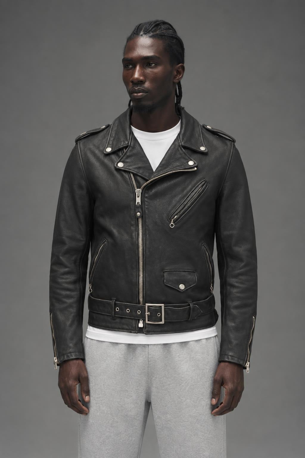 AI model photo - Schott NYC Vintaged Lightweight Waxy Cowhide Fitted Motorcycle Jacket 626VN