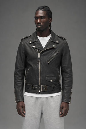 AI model photo - Schott NYC Vintaged Lightweight Waxy Cowhide Fitted Motorcycle Jacket 626VN